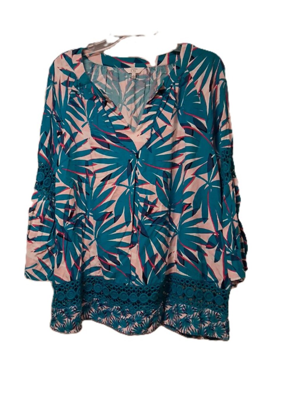 Crown & Ivy XL Leaves Print Rayon Tunic Blouse Crochet Lace Trim